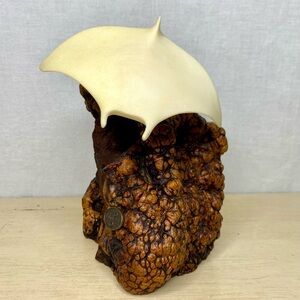 Vintage John Perry White Manta Ray Sculpture On Burl Wood Marine Life 8" Tall